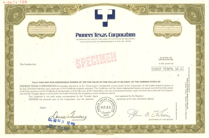 Pioneer Texas Corporation - Stock Certificate